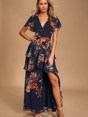 Lulu's Navy Floral Tiered Maxi Dress with Ruffled Layers